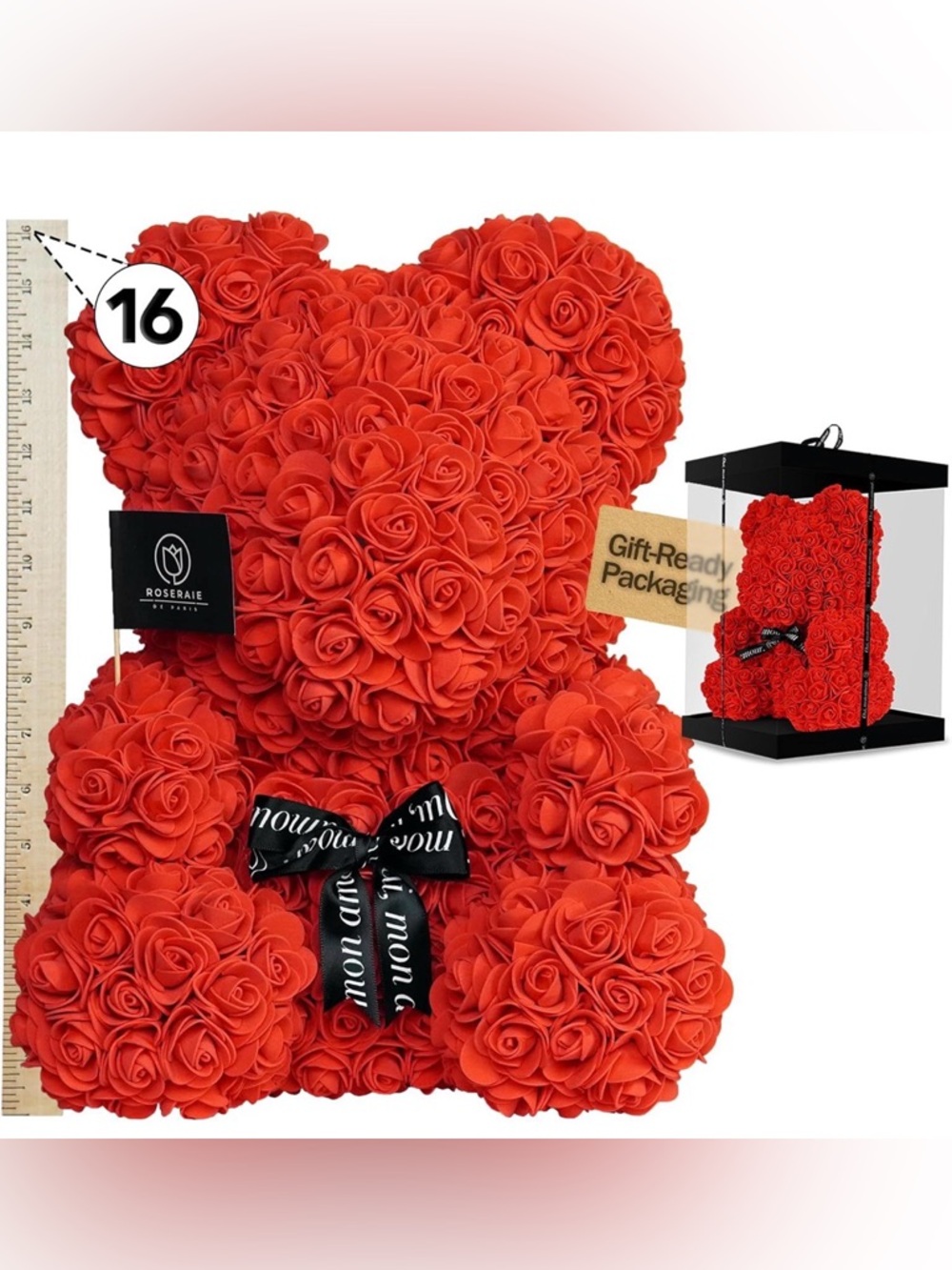 Red Rose Bear Foam Flower Teddy with Black Ribbon